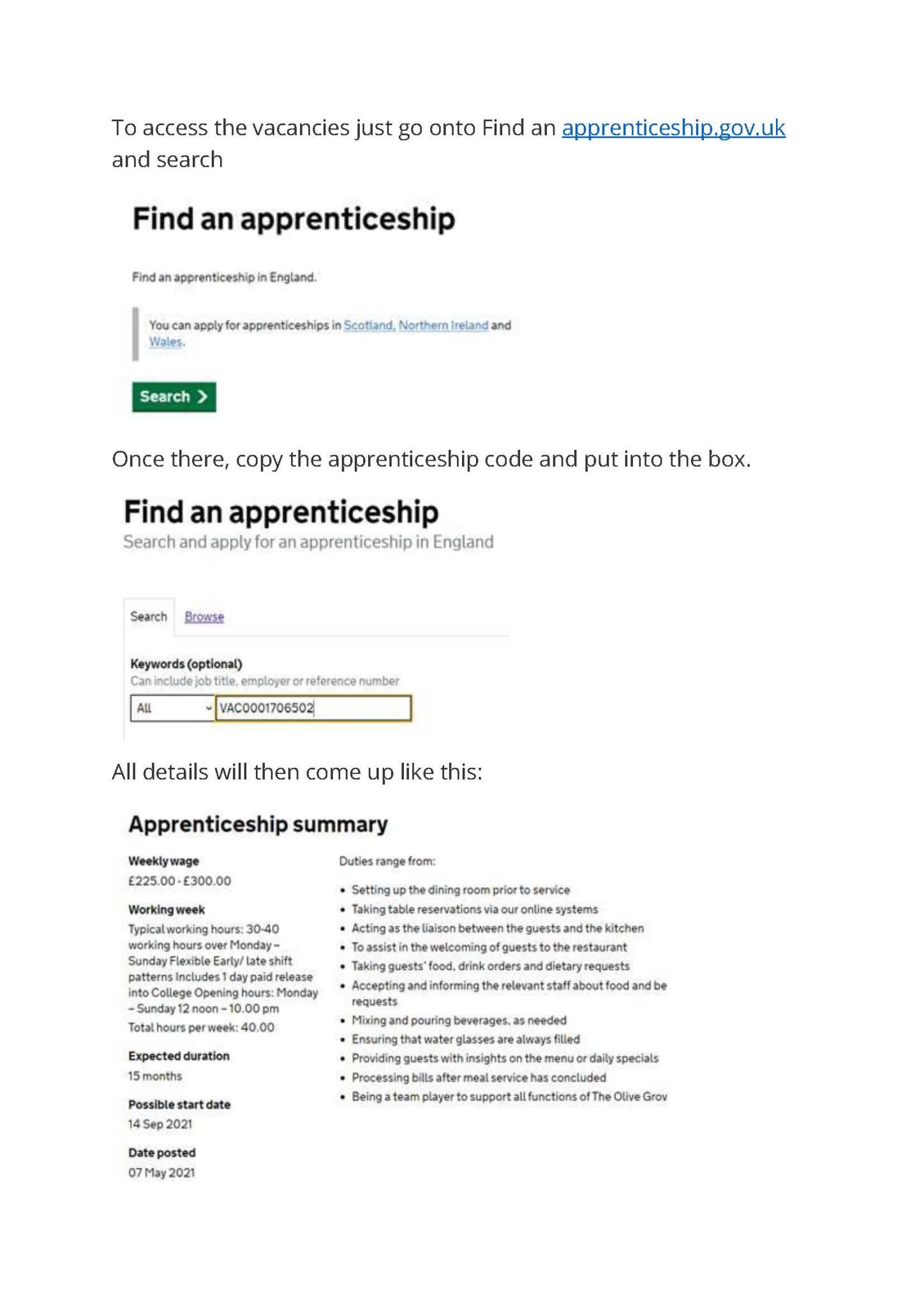 Find an apprenticeship GOV.uk instructions